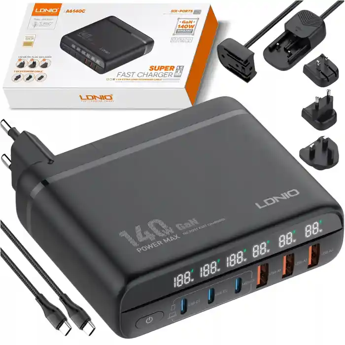 LDNIO A6140C 140W Super Fast Charging 6 USB Ports LED Display GaN Desktop Charger Adapter -1.5M
